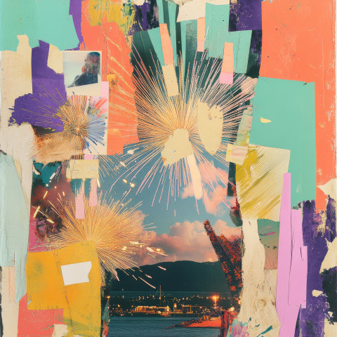 Explosive collage fireworks bursting from bright