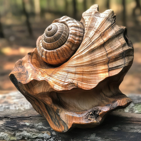 Driftwood carving of a seashell resting on the shore