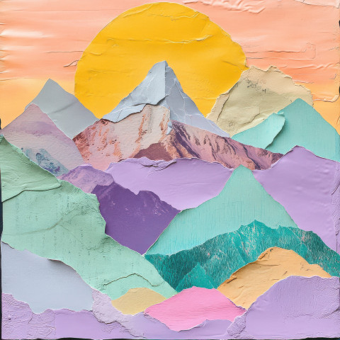 Mountain collage made from torn paper layers