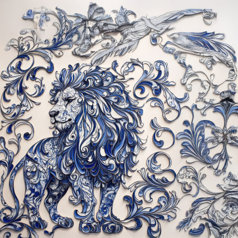 Regal lion with swirling patterns in blue and white tile