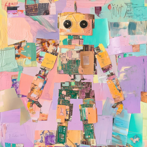 Futuristic collage robot constructed from circuit board images