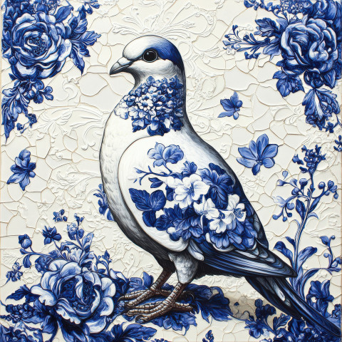 Graceful dove with floral motifs in blue and white tile