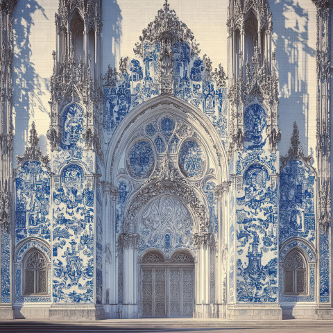 Ornate cathedral facade covered in blue and white tile