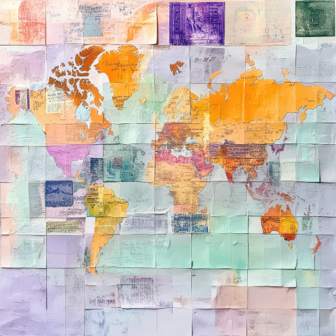 World map collage designed with passport stamps