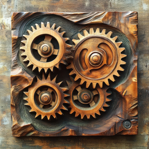 Metal carving of interlocking gears in motion