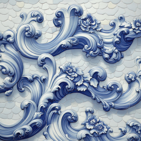 Waves with elegant curls in blue and white tile