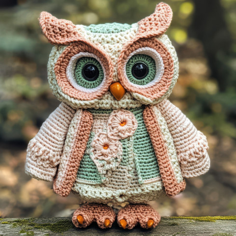 Crocheted owl with wide curious eyes wearing a beautifully detailed crochet top cardigan