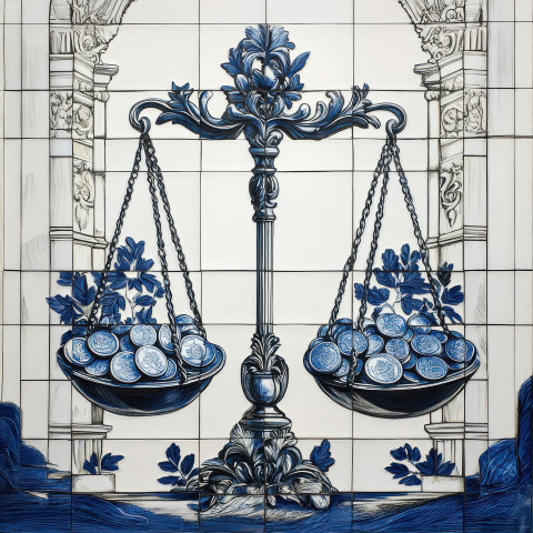 Scales of balance with coins in blue and white tile