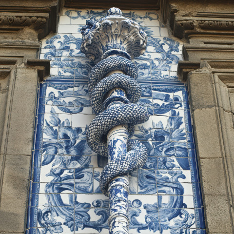 Serpent wrapped Rod of Asclepius in blue and white tile