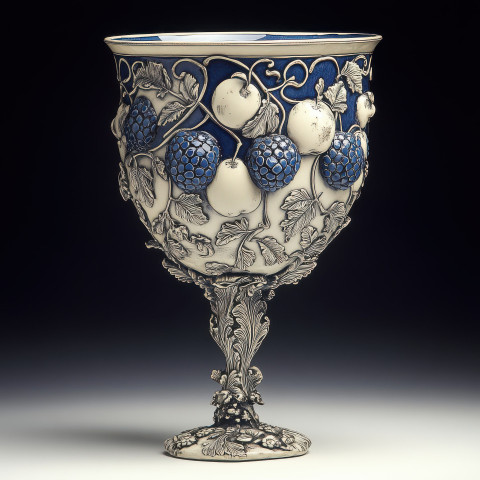 Goblet with fruit and vines in blue and white tile