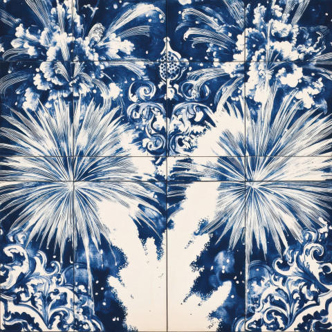 Fireworks bursting in patterns in blue and white tile