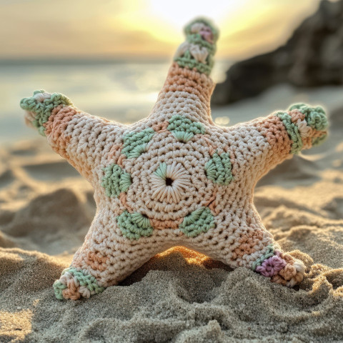 Crocheted starfish resting on soft sand wearing a beautifully detailed crochet top cardigan