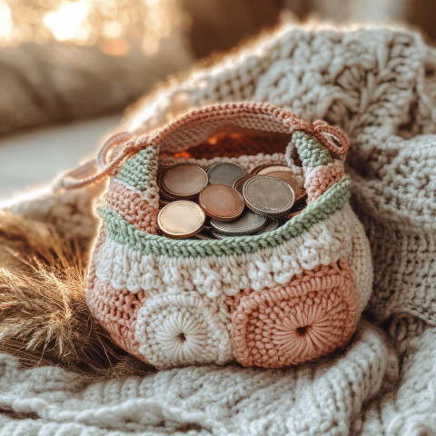 Crocheted coin purse filled with yarn coins wearing a detailed crochet top cardigan