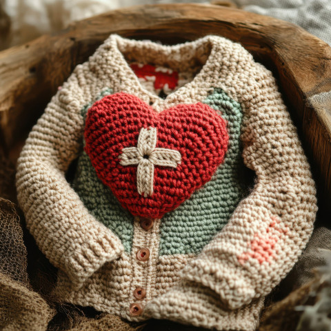 Crocheted red heart with a stitched cross wearing a detailed crochet top cardigan