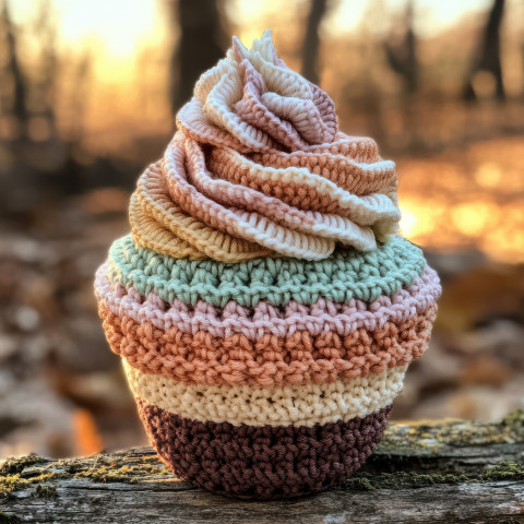 Crocheted cupcake topped with swirled icing wearing a beautifully detailed crochet top cardigan