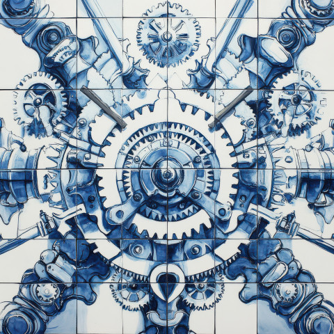 Cogs and tools in symmetry in blue and white tile