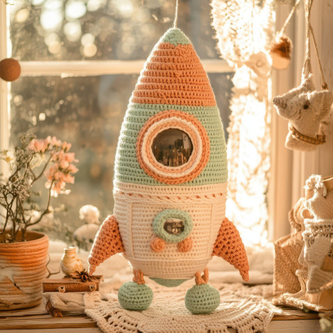 Crocheted rocket launching into space wearing a beautifully detailed crochet top cardigan