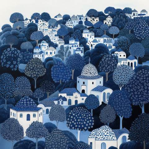 Rolling hills and trees in blue and white tile