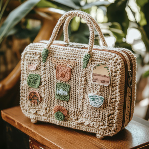 Crocheted suitcase with stitched travel patches wearing a detailed crochet top cardigan