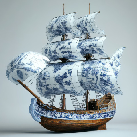 Caravel ship with wind filled sails in blue and white tile, azulejo style. Historic credence azulejos with azulejo arabesco details, representing maritime exploration and adventure