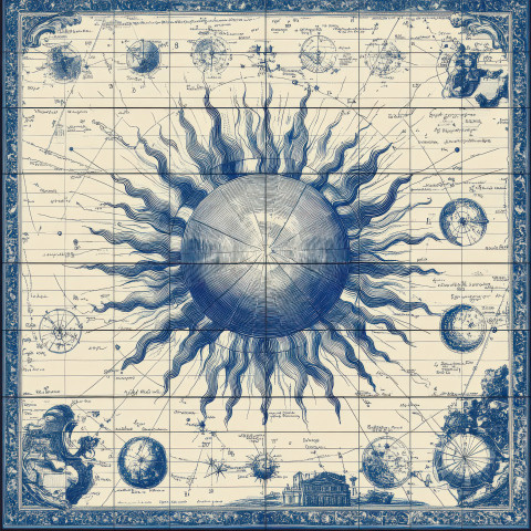 Sun and celestial charts in blue and white tile, azulejo style. Cosmic credence azulejos with azulejo arabesco patterns, symbolizing astronomy and the passage of time