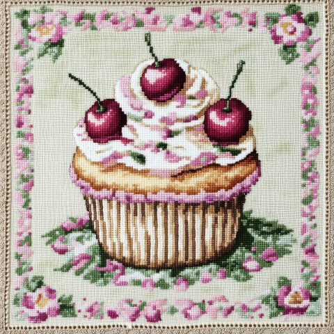 A cross stitched cupcake topped with cherries