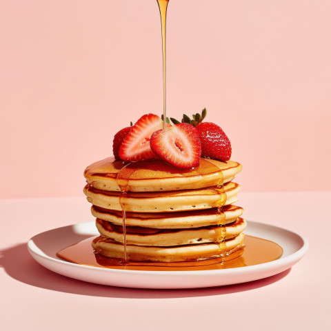 Layered pancake stack topped with strawberries and maple syrup drizzle Layered pancake stack topped with strawberries and maple syrup drizzle