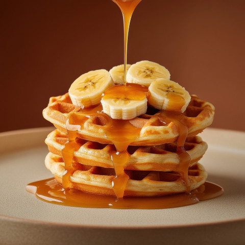 Waffle stack topped with sliced bananas and caramel sauce drizzle Waffle stack topped with sliced bananas and caramel sauce drizzle