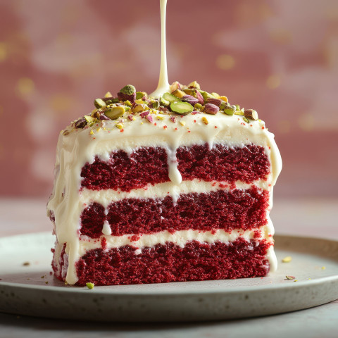 Red velvet cake stack with crushed pistachios and cream cheese frosting drizzle Red velvet cake stack with crushed pistachios and cream cheese frosting drizzle