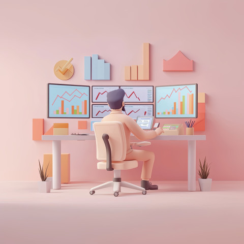 One person checks charts on screens in a soft pastel workspace One person checks charts on screens in a soft pastel workspace