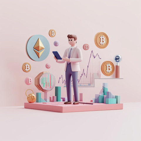 A businessperson checks crypto charts on phone with Bitcoin and Ethereum icons in view A businessperson checks crypto charts on phone with Bitcoin and Ethereum icons in view