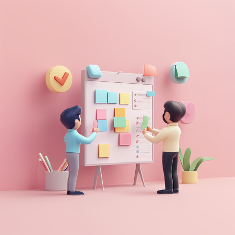 Three coworkers arrange sticky notes on a digital Kanban board with checklist and progress bars Three coworkers arrange sticky notes on a digital Kanban board with checklist and progress bars