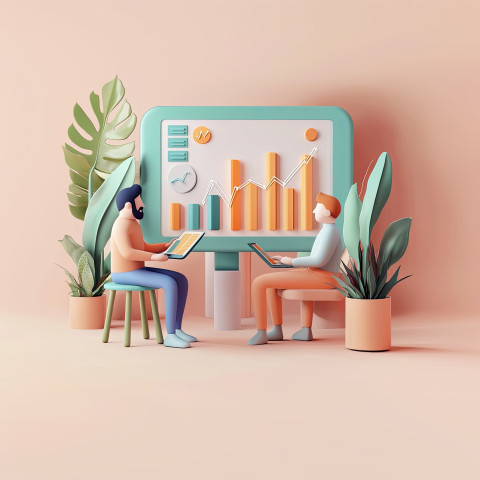 Two business analysts sit in a pastel room studying a digital bar chart Two business analysts sit in a pastel room studying a digital bar chart