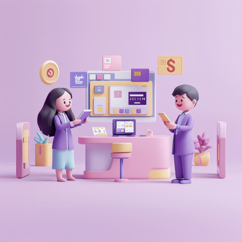 Three business people use tablets and phones near floating credit cards and QR codes Three business people use tablets and phones near floating credit cards and QR codes