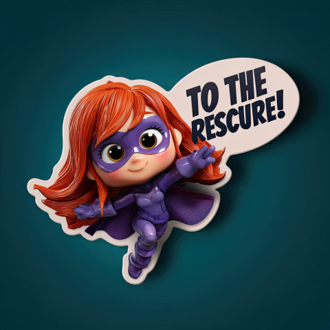 3D kawaii chibi superhero in purple cape flying with brave face