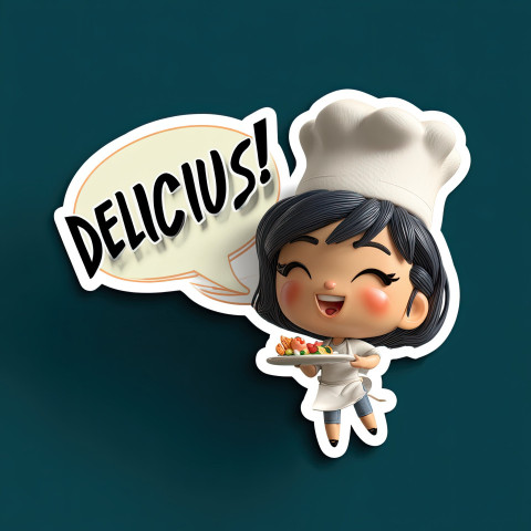 3D kawaii chibi chef in white apron and hat showing food proudly