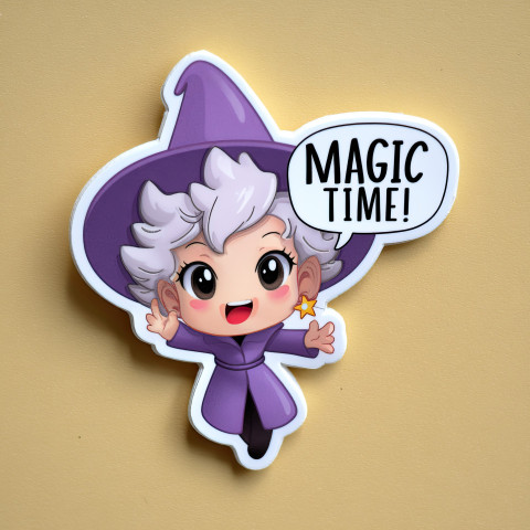 3D kawaii chibi wizard character in purple robe and hat casting a spell with happy face