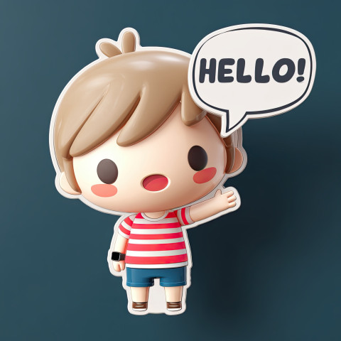 3D kawaii chibi kid in red striped shirt and blue shorts waving with smile
