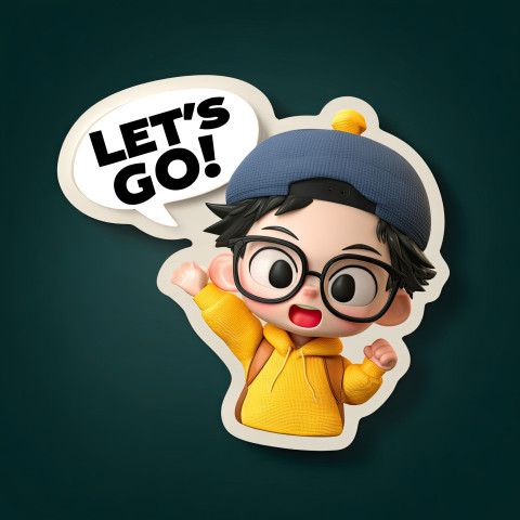 3D kawaii chibi boy in yellow hoodie and blue cap making a victory pose