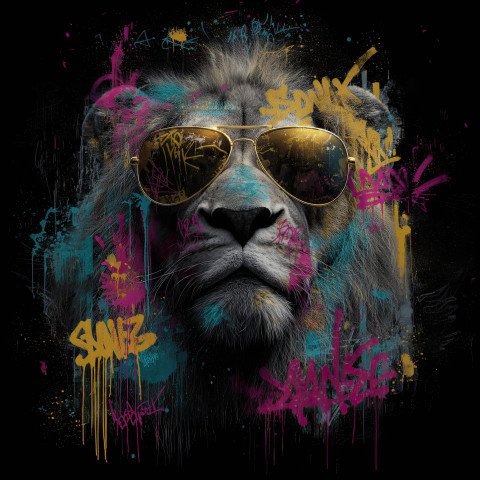 Graffiti-style portrait of a lion in gold aviator sunglasses Graffiti-style portrait of a lion in gold aviator sunglasses