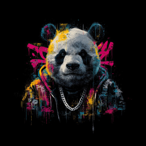 Graffiti-style portrait of a panda with a silver chain necklace Graffiti-style portrait of a panda with a silver chain necklace
