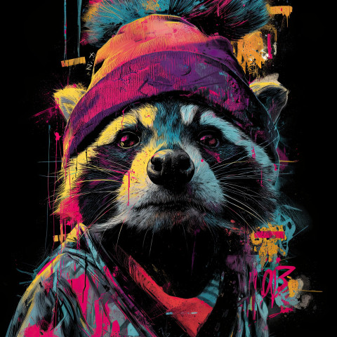 Graffiti-style portrait of a raccoon wearing a purple beanie Graffiti-style portrait of a raccoon wearing a purple beanie