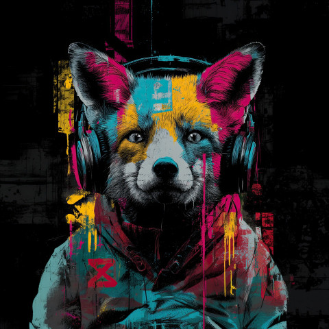 Graffiti-style portrait of a red fox with studio headphones Graffiti-style portrait of a red fox with studio headphones