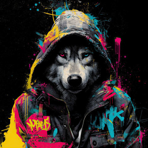 Graffiti-style portrait of a grey wolf in a hooded jacket Graffiti-style portrait of a grey wolf in a hooded jacket