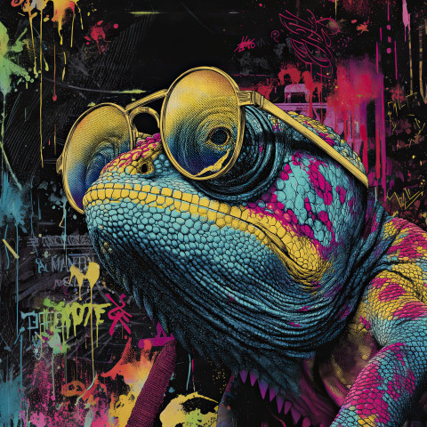 Graffiti-style portrait of a chameleon with mirror-lens sunglasses Graffiti-style portrait of a chameleon with mirror-lens sunglasses