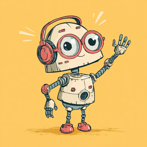 Playful cartoon robot waving energetically Playful cartoon robot waving energetically