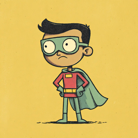 Playful cartoon superhero striking a heroic pose with a cape and mask. Bold outlines and flat shading for an energetic character illustration. Midjourney prompt playful Playful cartoon superhero striking a heroic pose with a cape and mask. Bold outlines and flat shading for an energetic character illustration. Midjourney prompt playful