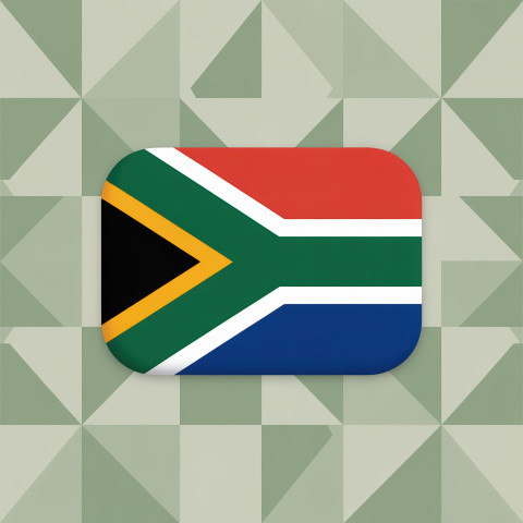 Minimal South Africa flag with curved edges softly waving on earth-tone triangle pattern