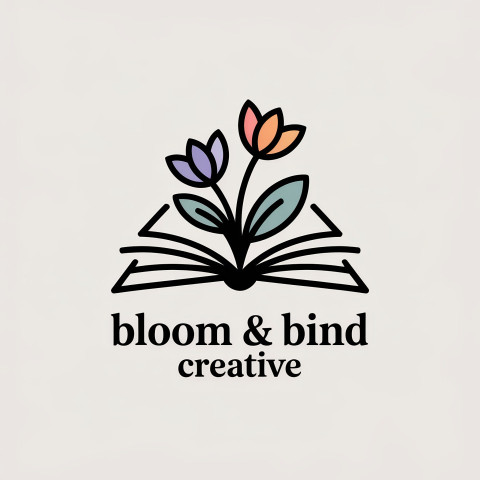 Open book logo with flowers blooming from pages in sleek black lines