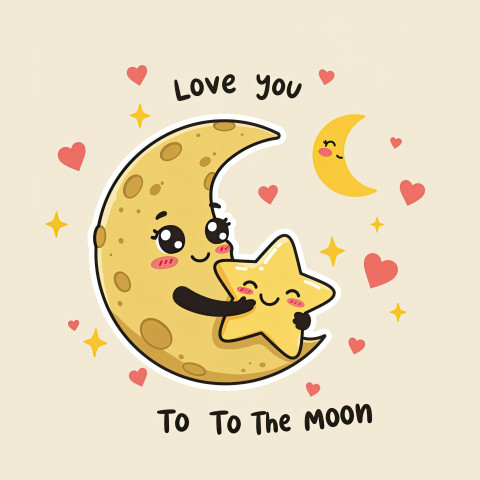 Smiling moon hugging star with twinkling hearts in sky